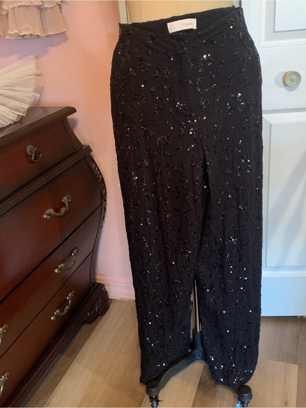 ZARA Black Sequin Straight-Leg Evening Pants